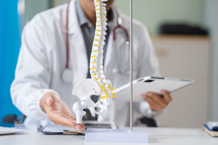 Spine surgeon explaining spinal model during consultation in Houston & Texas